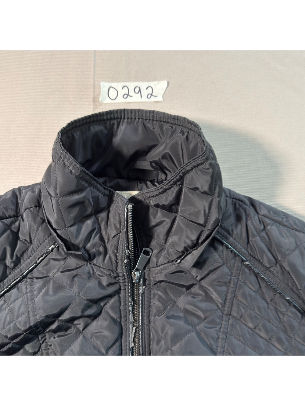 Sebby Collection black quilted belted coat